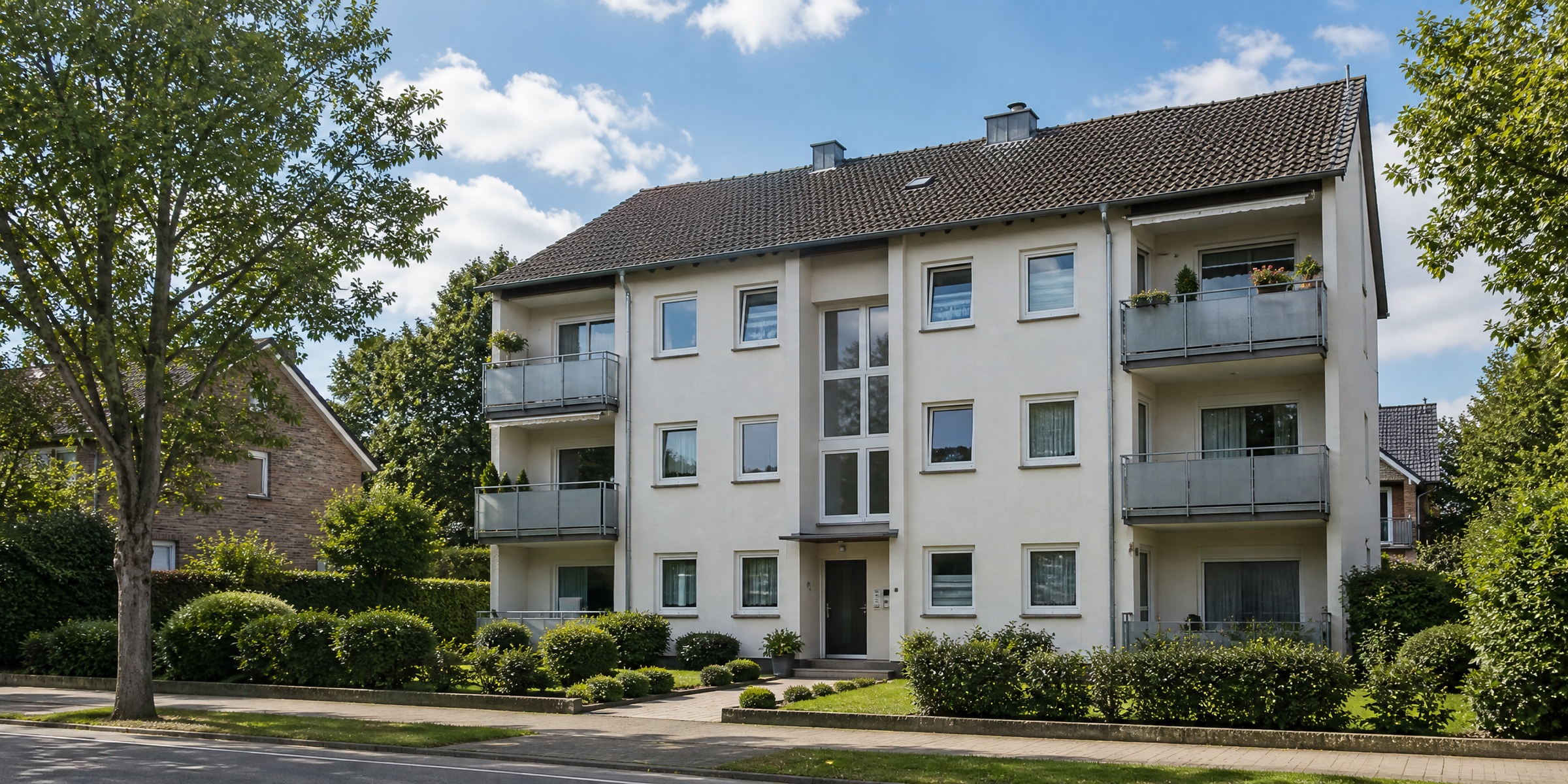 Mehrfamilienhaus mit Balkonen von der Straße gesehen